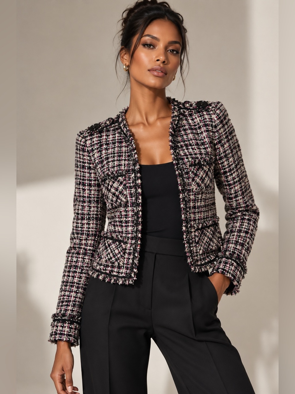 White House Black Market Pink White Black Tweed Fringed Jacket Blazer 6